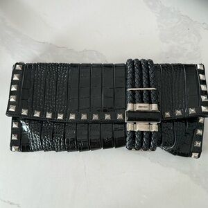 Jimmy Choo black croc embossed leather studded Chandra clutch